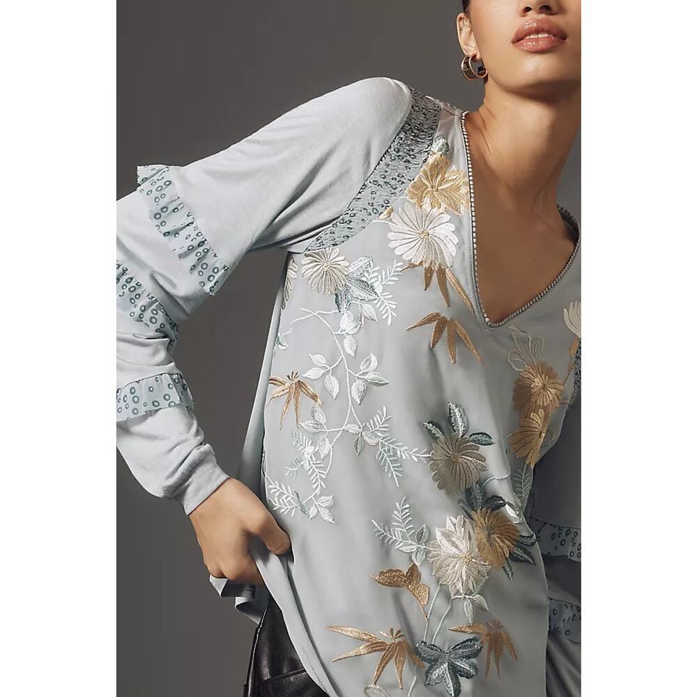 Anthropologie Tiny Embroidered Floral Ruffled Top Long Sleeves Size Small NWOT - Picture 4 of 13